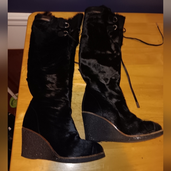 CHANEL CC Rare Vintage Black Calf Hair Wedge Knee Fur Interior Boots Size 4 1/2 - Picture 2 of 6